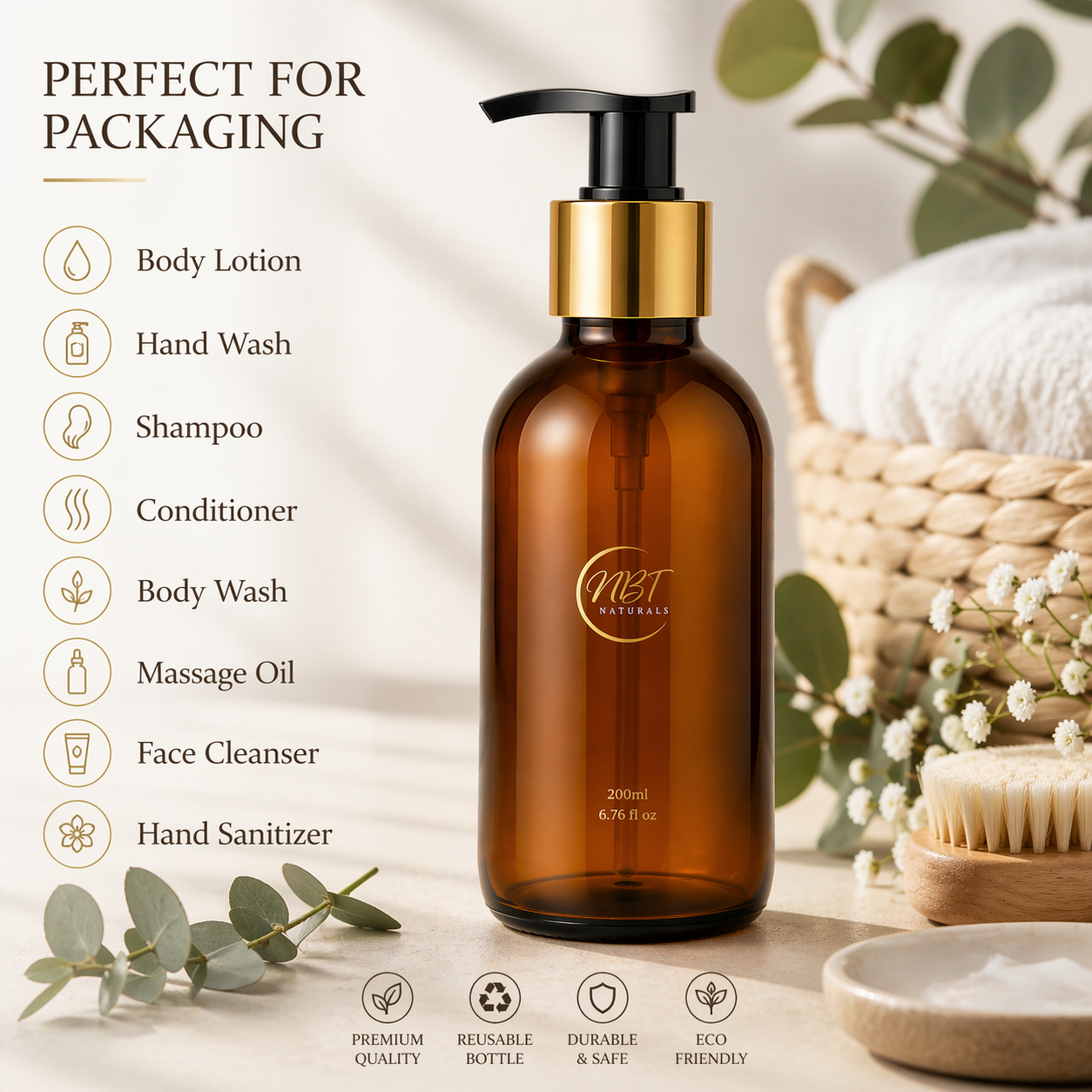 Generic Amber Glass Bottle - 28/410mm Neck - Gold & Black Pump - Image 3